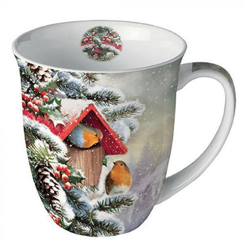 Tasse de Noël rouge-gorge dans un nichoir d'hiver en porcelaine. Tasse à motif pour la table dressée et comme cadeau, 0,4 l x H 10,5 cm