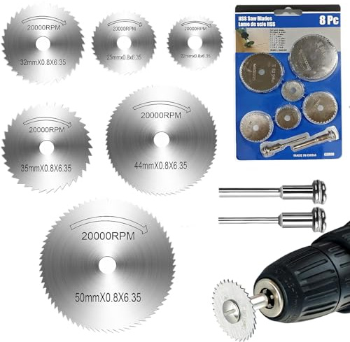 8 Pcs Rotary Drill Saw Blades for Dremel Rotary Tool, HSS Saw Discs with 1/8 and 1/4 Round Shank Mandrels, Steel Saw Disc Wheel Cutting Blades for Wood Metal Cutting (Silver)