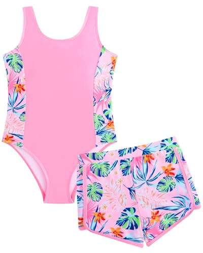 WYTbaby Traje de baño de una pieza sin mangas con pantalones cortos con estampado tropical para niñas de 7 a 14 años, Planta rosa, 7-8 años