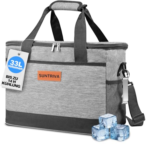 SUNTRIVA Borsa Frigo 33L Borsa Termica Porta Pranzo per Uomini & Donne Cooler Bag Portatile Impermeabile con Tracolla Adatto per Picnic,Campeggio,Barbecue,Viaggio,Grigio