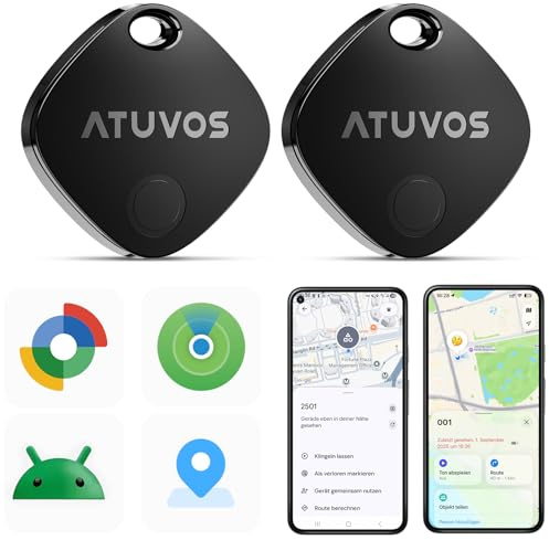 ATUVOS Air Tag Pro Smart Tag Tracker per Android & iOS, Dual System Localizzatore Bluetooth Funziona con Google Funzioni Trova o Apple Dov'è APP, per Bagagli, Borse.Batteria Sostituibile. 2 pezzi Nero