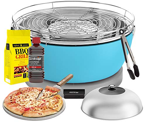 YeseatIs by FEUERDESIGN - Vesuvio Grill BLAU - Kit mit ZÜNDGEL + Kohle 3 Kg + GRILLZANGE + Pizzastein mit Schaufel + Kuppel aus Edelstahl