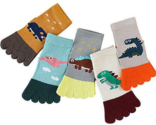 Haokaini 5 Pares de Calcetines de Dedo para Bebés, Niñas y Niños - Algodón, Cinco Dedos, Patrón de Animales de Dibujos Animados, Tobillo Cálido