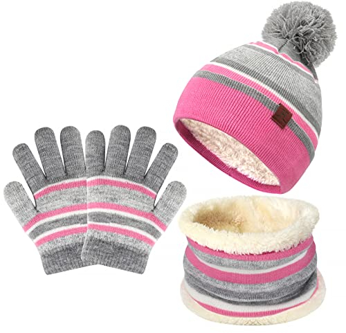 Bequemer Laden Kinder Baby Wintermütze Gestreifte Pompon Beanie Mütze und Schal Handschuhe Strickset für Jungen Mädchen mit Thermal Fleece Futter,Rosa,Einheitsgröße