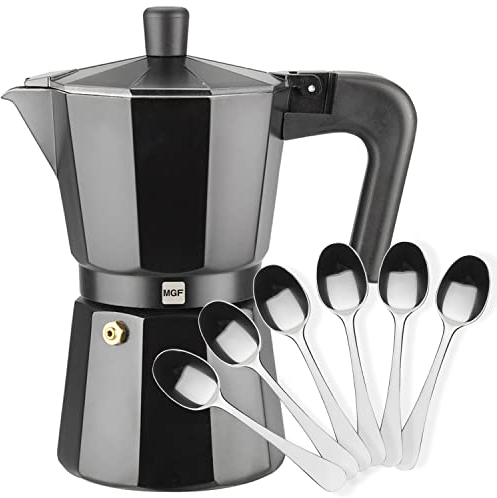 MAGEFESA Kenia Noir - Cafetera Italiana Negra 3 Tazas + 6 Cucharillas Moka, Aluminio Esmaltado, Para Todas las Cocinas, NO APTA PARA INDUCCIÓN