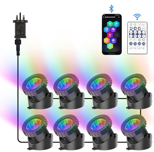 NATPOW Pond Lights, RGB Underwater Spotlights Mains Powered, IP68 Waterproof Aquarium Pond Light with Remote/APP Control, Submersible Landscape Spot Lights for Garden, Yard, Pool, Fountain(8-in-1)
