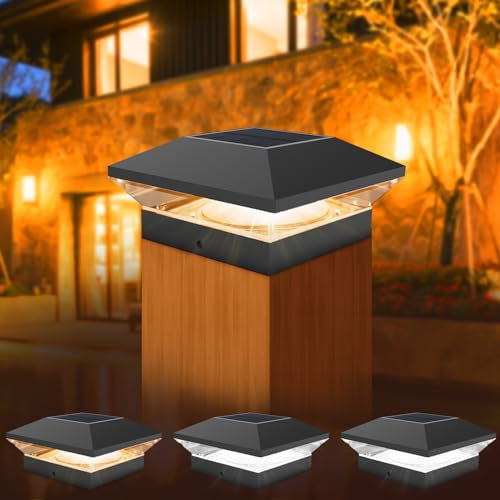 T-SUNUS 4 Pack Solar Post Lights Outdoor 32 LED Warm/White Light Solar Modern Fence Deck Cap Lights IP55 Waterproof Auto On/Off Column Lamp Decoration for Garden Deck Patio (5 * 5in)