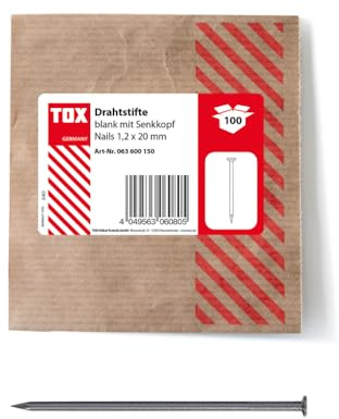 TOX Chiodi a filo 1,2x20 mm con testa svasata per giunzioni semplici in legno e superfici piane, acciaio nudo, 100 pz. in confezione di carta richiudibile ed ecologica, 063600150