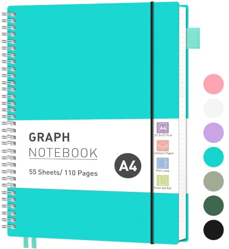 RETTACY A4 Spiral Notebook, Graph Journal, Notepad, 110 Pages, Turquoise | Flexible Plastic Cover Note Book, 5mm per Square, 100 GSM Grid Paper, for School, Students, Math, Engineering - 21.5 × 28 cm
