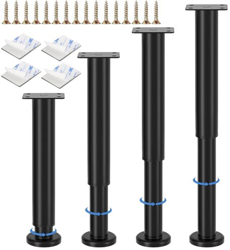 WDAFLG 4 Piezas de Patas Regulables, Ajustables de 25-43 cm Patas para Muebles, Patas para Somier de Acero, Capacidad de Carga 800 kg, Base de Goma y Accesorios, Apto para Camas, Sofás, Armarios