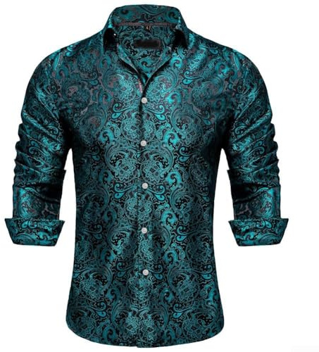 Camicia da uomo in seta a maniche lunghe in stile smoking con motivo cachemire per eventi (M blu pavone)