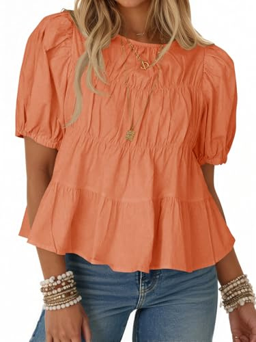 Tankaneo Womens Puff Sleeve Peplum Babydoll Tops Summer Flowy Pleated Cotton T-Shirts Casual Loose Fit Cute Blouse Orange