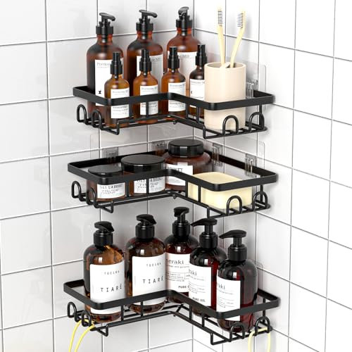 Diwoker Mensola Doccia Angolare Senza Foratura, Porta Sapone per Doccia Porta Shampoo Bagno Accessori Nero (Nero, 3 Pezzi)