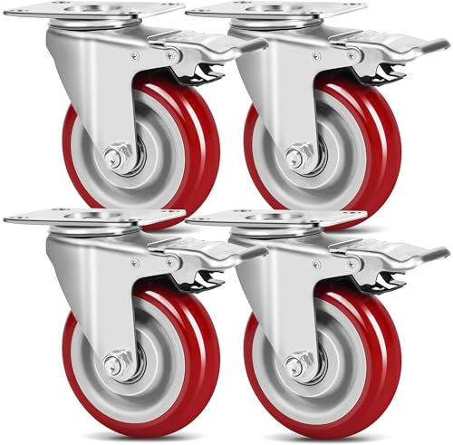 Juego 4 Ruedas Para Muebles Pesados, Ruedas Giratorias con Freno - 100 mm - 600 kg - Goma maciza silenciosa - Interior/exterior