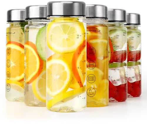 BuildLife Plastic Water Bottle with Stainlesss Steel Lid, 350ML Reusable Tritan Drinking Bottles BPA-Free Leak Proof Beverage Juice Container for School Office Sports (6pcs 350ml)