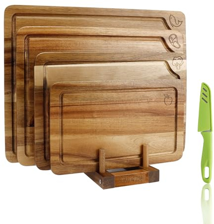 Set di 4 Taglieri in Legno con Simboli Alimentari, Supporto e Coltello da Frutta in Omaggio, Tagliere Doppio Lato per Carne, Verdure, Frutta e Formaggio