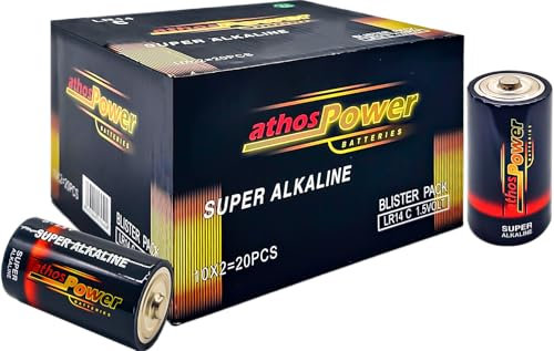 Athos Power Pack de 20 Pilas Alcalinas LR14 Tipo C de 1,5V – Baterías de Alta Potencia y Larga Duración para Dispositivos Electrónicos, Juguetes, Linternas, Equipos de Audio, Energía Fiable y Segura