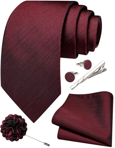Ailisus Cravate rayée et mouchoir, pince à cravate, boutons de manchette, ensemble de cravates en soie solide pour fête de mariage, ensemble formel 5 pièces