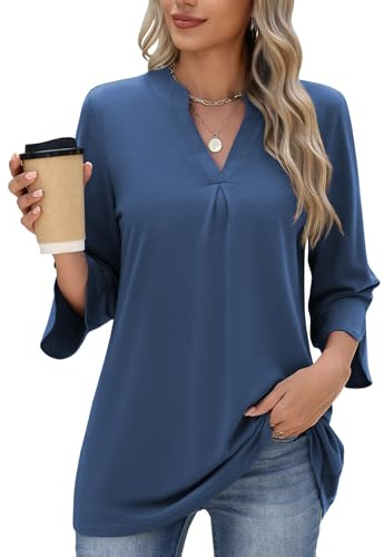 heekpek Chemisier Femme Chic et Élégant Blouse Col V Tee Shirt Femme Manche 3/4 Décontracté Ample Haut Manche Longue Top Printemps Été Automne, Bleu foncé, XXL