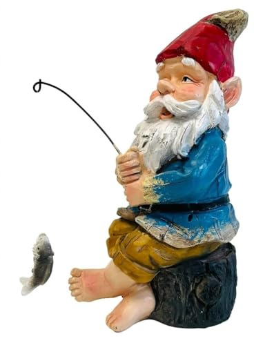 Garden Gnomes Outdoor | Fishing Gnome Resin Ornament 20cm | Charming 20cm outdoor garden gnome fishing figurine. Weather-resistant resin ornament designed for patios, ponds & lawns.