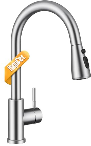 Hiqufet Grifo de Cocina Monomando: Diseño de Arco Alto, Brazo Extraíble con 3 Modos y Giro 360°, Níquel cepillado