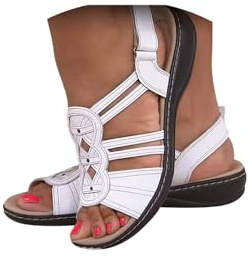 Wide Fit Sandals for Women White Sandals for Women Open Toe Orthopedic Shoes Retro Leather Soft Sole Wedge Breathable Walking Sandal Summer Comfortable Lightweight Beach Shoes