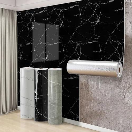 Swehooirt 8 Roll Self Adhesive Thermal Wallpaper 2.3mm Thick Black Marble Vinyl Peel and Stick Wallpaper for Bad Cold Walls Insulating Wall Covering Roll Waterproof Damp Proof Kitchen Bathroom