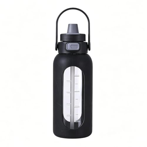 EUBSWA Borraccia da 1000 ml, con cannuccia, bottiglia d'acqua in vetro con maniglia e indicatore del tempo, per casa, ufficio, palestra, sport, colore nero