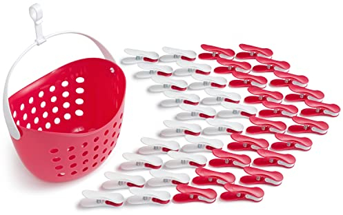 Culiclean Wäscheklammern Stabil Ohne Abdruck - Soft Clips Mit Wäscheklammernkorb 40 Stück - Viva Magenta/Weiß - Korb Mit Henkel Statt Beutel