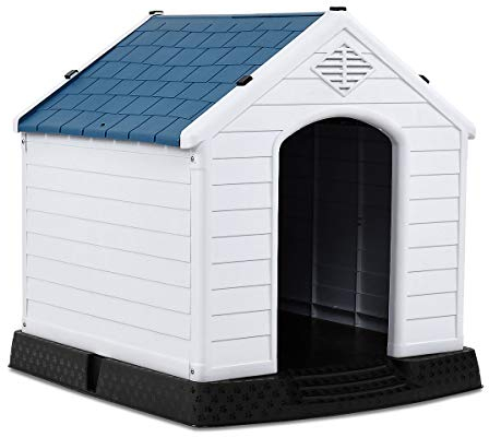 COSTWAY Hundehütte, Hundehaus aus Kunststoff, Hundehöhle mit Erhöhtem Boden & Wasserfestem Dach, Haustierhütte Hundehöhle, für Garten Drinnen Draußen, Blau+Weiß (87,7x78,5x81,5cm)