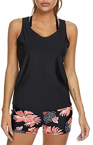 JASAMBAC 3 Piece Tankini Swimsuit for Women Swimwear Tank Top with Bikini Top Boyshort Set