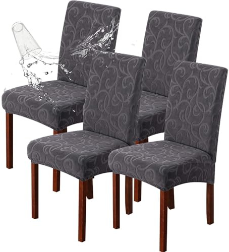 Genina Waterproof Dining Room Chair Covers Stretch Parsons Chair Slipcovers for Dining Room Kitchen Chair Protector Cover, Removable, Washable (4, Flower Pattern-Dark Gray)