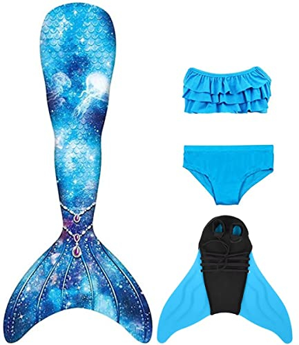NAITOKE meerjungfrauenflosse mädchen Badeanzug - Meerjungfrau Flosse Bademode mit Bikini Set und Monoflosse Mermaid Tail, 4 Stück Set,POOAK,150