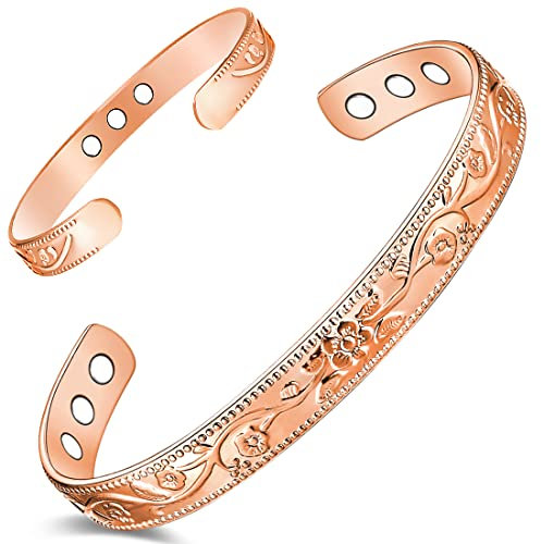 Cigmag 9X Lymphatic Drainage Copper Bracelet for Women Ultra Strength Magnet Solid Pure Copper Magnetic Bracelet Adjustable Cuff Bangle with Present Box (Rose Gold Flower)