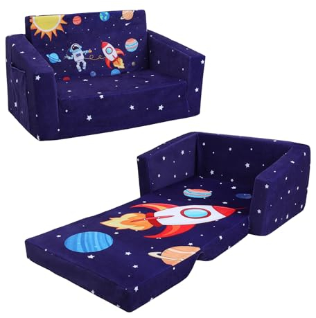 Faltbarer KinderSofa-Rückenlehen-Sessel 2 in 1, Standfest Kindersessel mit Stofftasche und Rutschfestes Kissen, Weiche Leichte Flip Open Kinderstuhl für Schlafzimmer Wohnzimmer Spielzimmer, Raketen
