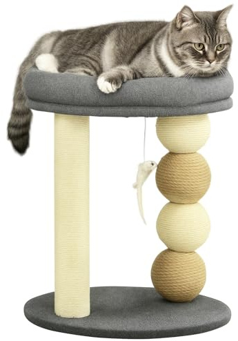 PawHut Cat Scratching Tree Piccola torre per gatti Centro attività per gatti con nido 4 palline e palo in sisal Carico 15 kg Ø40x48 cm Grigio e beige