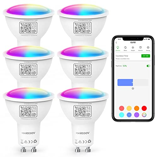 VOCOlinc GU10 Smarte Glühbirne, RGBW Smart Lampe Kompatibel mit Apple HomeKit, Alexa und Google Assistant, WLAN LED Bulb Dimmbar per App oder Sprache, 4.5W=50W, 2200K–7000K Warm/Kaltweiß, 6 Stück.