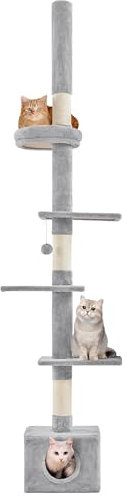 Yaheetech Floor To Ceiling Cat Tree Tower, 5-Tier Cat Scratching Posts with Adjustable Height (226-265.5cm), Tall Kitten Climbing Frame with Cozy Condo and Platforms, Light Grey
