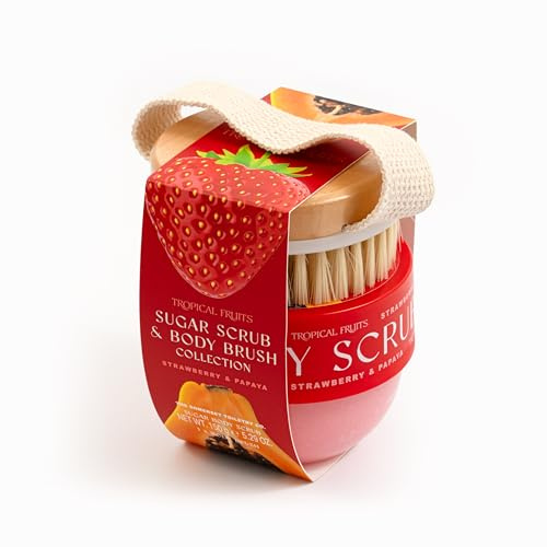 Tropical Fruits Sugar Scrub and Brush Strawberry Papaya Fruity 150g | Exfoliating Sugar Scrub with Brush for Smooth Soft Skin. Fruity Scent with Strawberry and Papaya Notes. Gentle Formula.