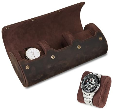 VINBAGGE Scatola Per Orologi in Pelle Vera, Porta Orologi da Viaggio per 3 Orologi,Porta Orologi Uomo con Cuscino Rimovibile,Portatile Scatola per Uomo Donne