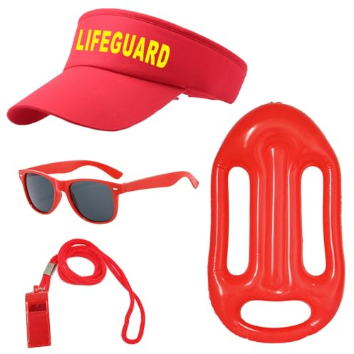 UILYNIU 4 Piezas Disfraz de Salvavidas, Accesorios de Salvavidas Incluye Sombrero Gafas de Sol Silbato Salvavidas Boya, Disfraz de Deportista para Hombre Mujer Carnaval Halloween Disfraz (Rojo)