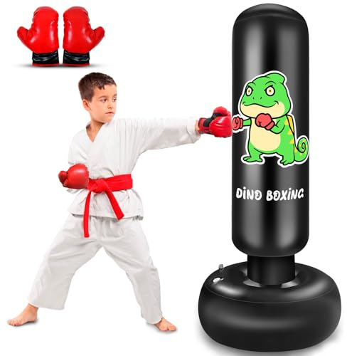 Inflatable Punching Bag for Kids, 165CM kids Punching Bag with Gloves for Boys & Girls, Kicking Bag Boxing Set for Practicing Karate, Taekwondo, MMA (Dino)