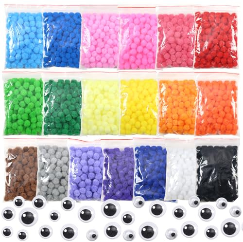 TOAOB 950pcs Craft Pompons Multicolore 1cm Gros Pompons Moelleux avec 100pcs Yeux Mobiles Autocollants pour Bricolage Fournitures Artisanat Décorations Couture Loisirs Creatifs