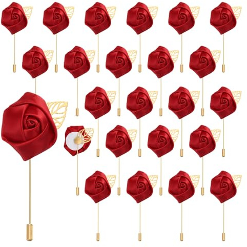 QUARKZMAN 24Pcs Épinglette Boutonnière en Fleur Roses Rouge Vins Accessoire Boutonniere Corsage Broches de Poche pour Cérémonie de Mariage Anniversaire Bal de Promo Dîner Formel