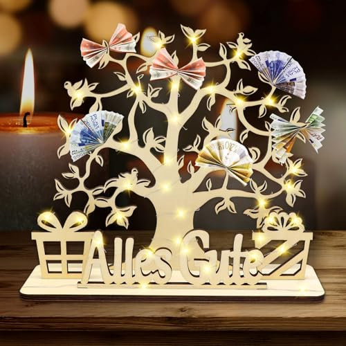 Idota Geldbaum Geschenk Geldgeschenk Geburtstag, Lebensbaum Deko mit Led, Geldgeschenke Verpacken Hochzeit Deko Ggeschenk Lebensbaum Holz, Personalisierte Geburtstag Geschenk