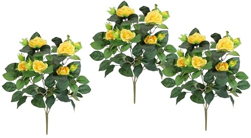 Flair Flower Künstlicher Rosenbusch 34cm 3er Set Kunstrose Seidenrose Kunstblume Blume Strauß Bouquet Rosen Rosenbouquet Wildrose Blumenstrauß Busch Blumendeko Hochzeitsdeko, Gelb