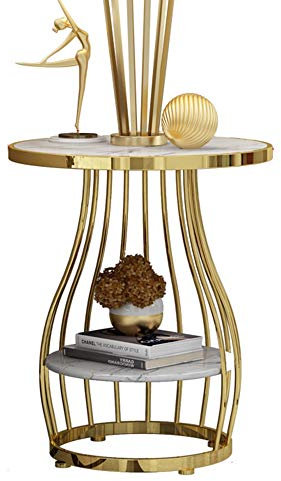 Nordic Modern 2-vånings sidobord Vardagsrum Marmor Runt telefonbord Guldsmide Soffbord, 50x63CM (Färg: Vit)