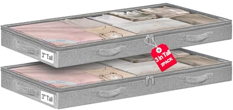 punemi 3 inch High Soft Low Profile Under Bed Storage Bins, 2 Pack, Grey