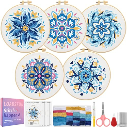 LOADSFUN 5 Pack Embroidery Kit for Beginners, Cross Stitch Kits with Floral Stamped Patterns, Hoop, Colorful Threads, Step by Step Instructions & Video, Needlepoint Kits for Adults (Light Blue)