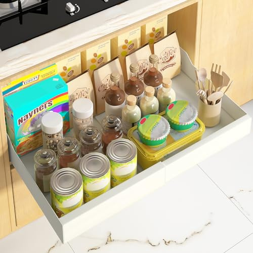 Mointal Telescopic Drawer with Adhesive, Expandable Extendable Cupboard Organiser, Width Adjustable (32-53 cm), Drawer Storage Shelf for Home/Kitchen/Bathroom/Living Room, White